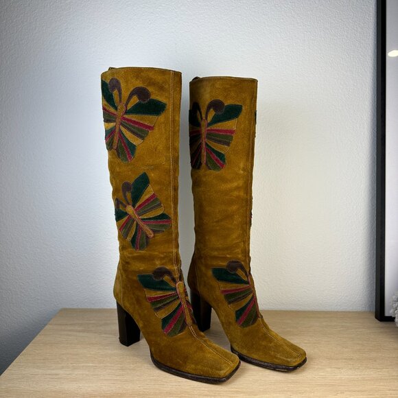 Rare FW 2002 Dolce & Gabbana Suede Butterfly Knee High Boots - Picture 2 of 9